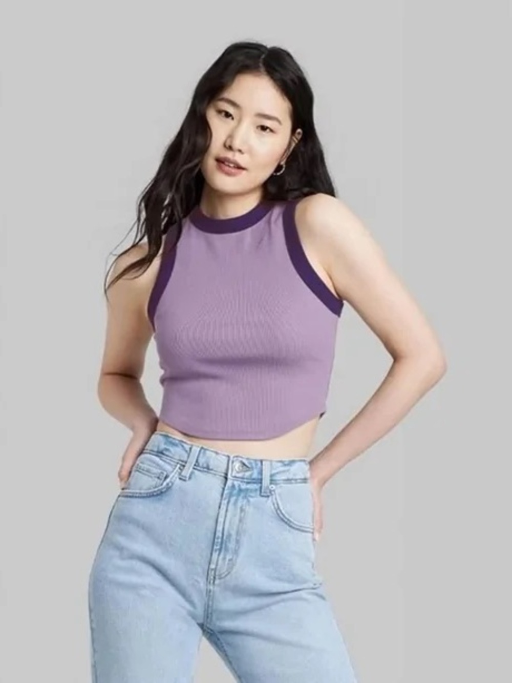 wild fable Lavender Ribbed Cropped Tank with Dark Purple Trim